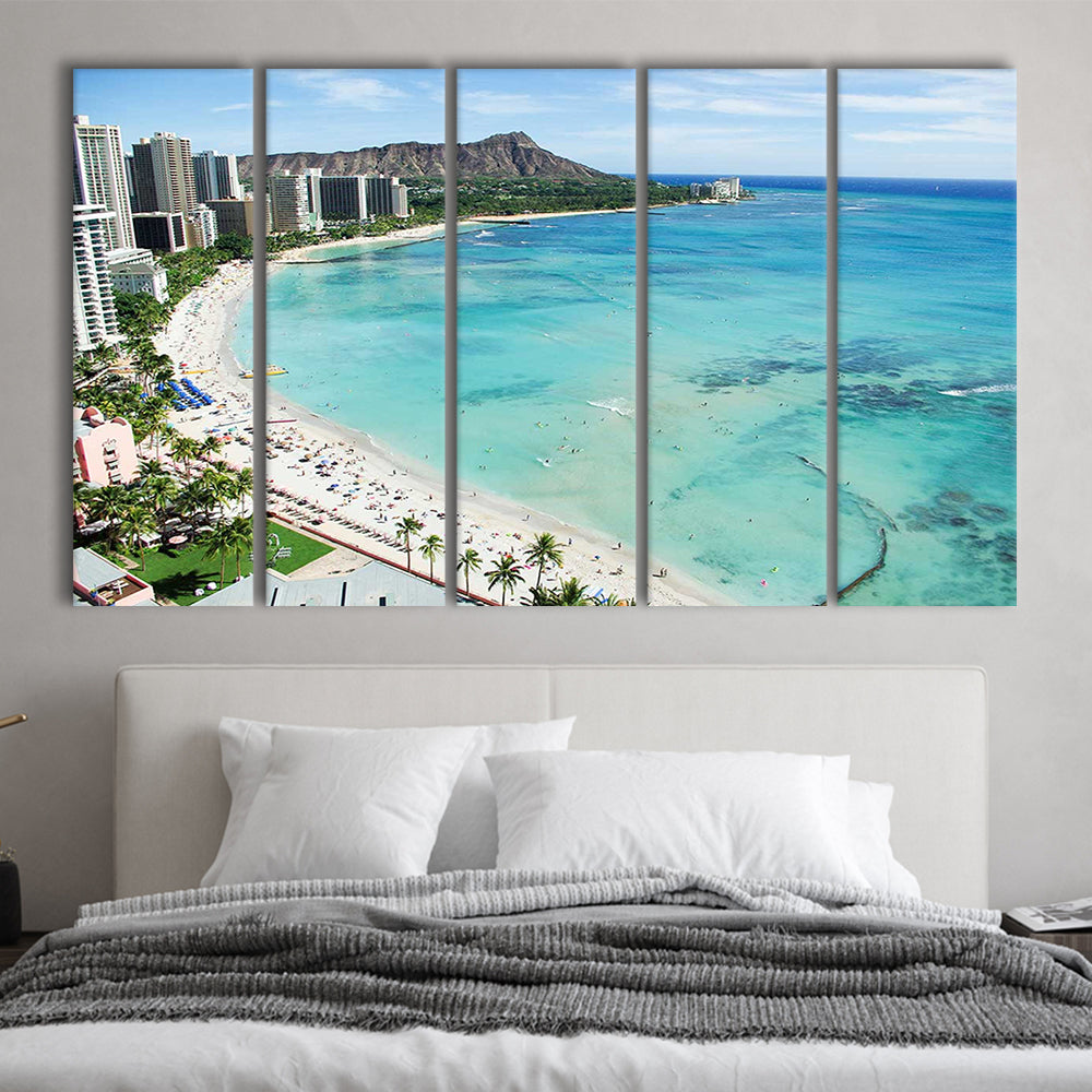 Tropical Paradise Canvas Art,Waikiki Beach, Honolulu, Oahu Island, Hawaii, 5 Piece B Extra Large Cavas Print Wall Art Decor
