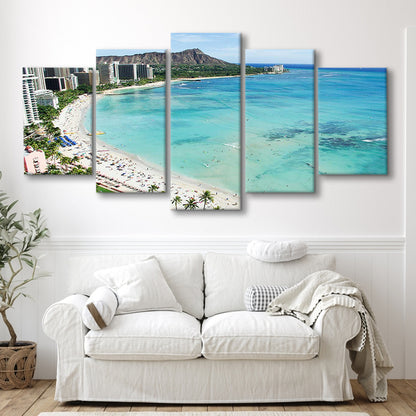 Tropical Paradise Canvas Art,Waikiki Beach, Honolulu, Oahu Island, Hawaii, 5 Piece Large Cavas Print Wall Art