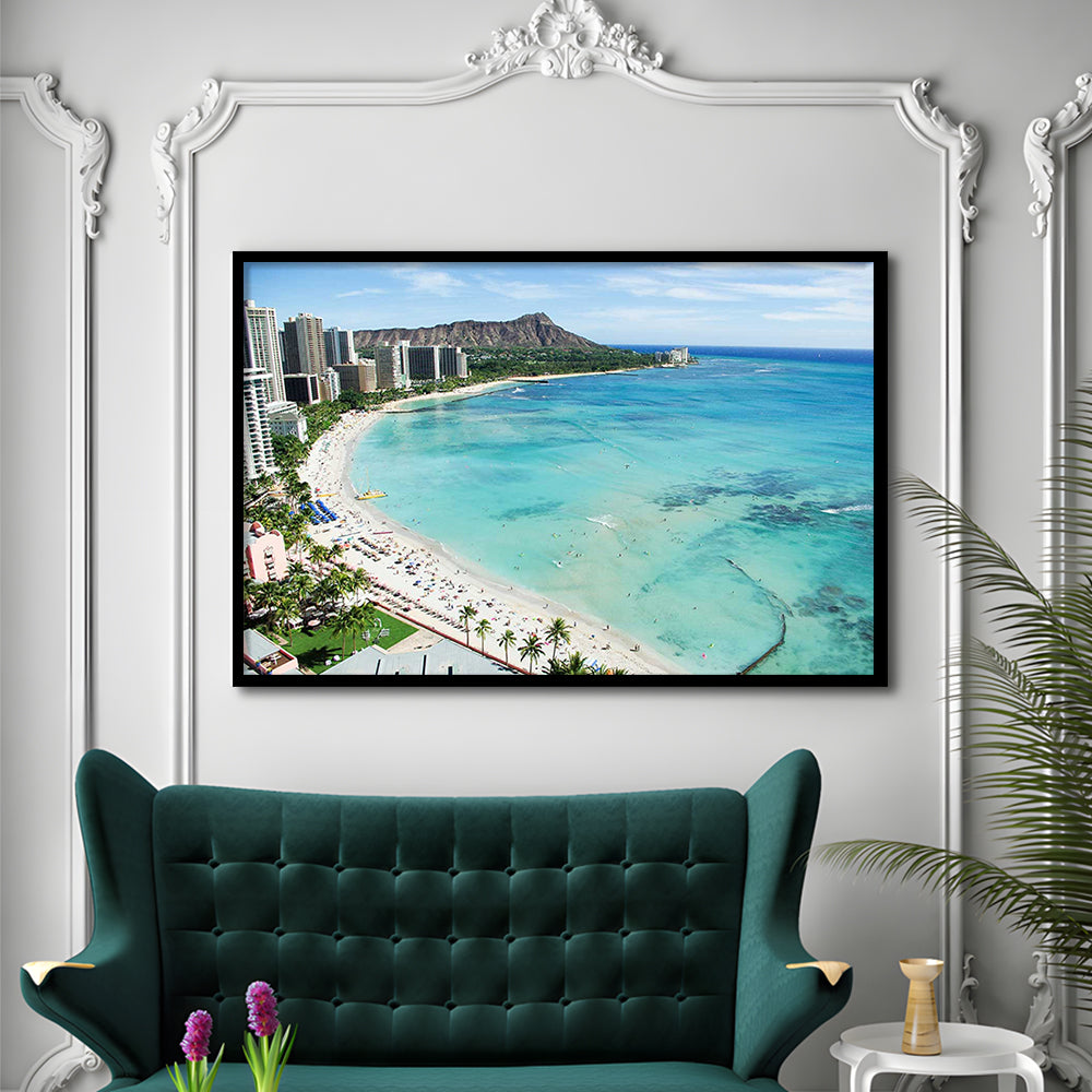 Tropical Paradise Art Art,Waikiki Beach, Honolulu, Oahu Island, Hawaii, Framed Art Print, Picture Framed
