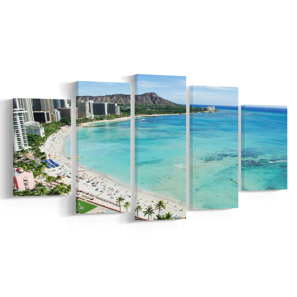 Tropical Paradise Canvas Art,Waikiki Beach, Honolulu, Oahu Island, Hawaii, 5 Piece Large Cavas Print Wall Art