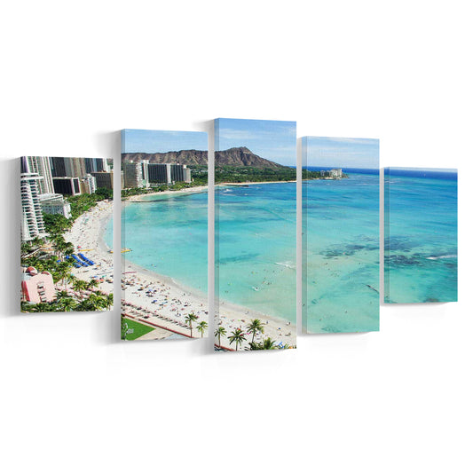 Tropical Paradise Canvas Art,Waikiki Beach, Honolulu, Oahu Island, Hawaii, 5 Piece Large Cavas Print Wall Art