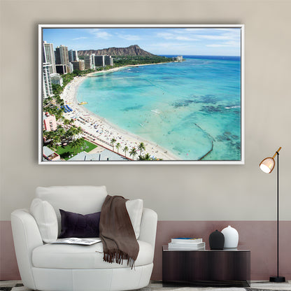 Tropical Paradise Canvas Art,Waikiki Beach, Honolulu, Oahu Island, Hawaii, Framed Cavas Print, Floating Frame