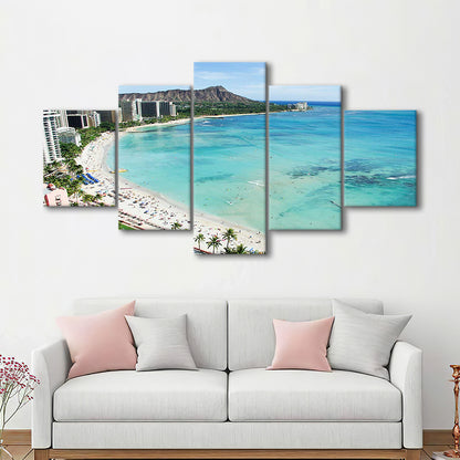 Tropical Paradise Canvas Art,Waikiki Beach, Honolulu, Oahu Island, Hawaii, 5 Piece Large Cavas Print Wall Art