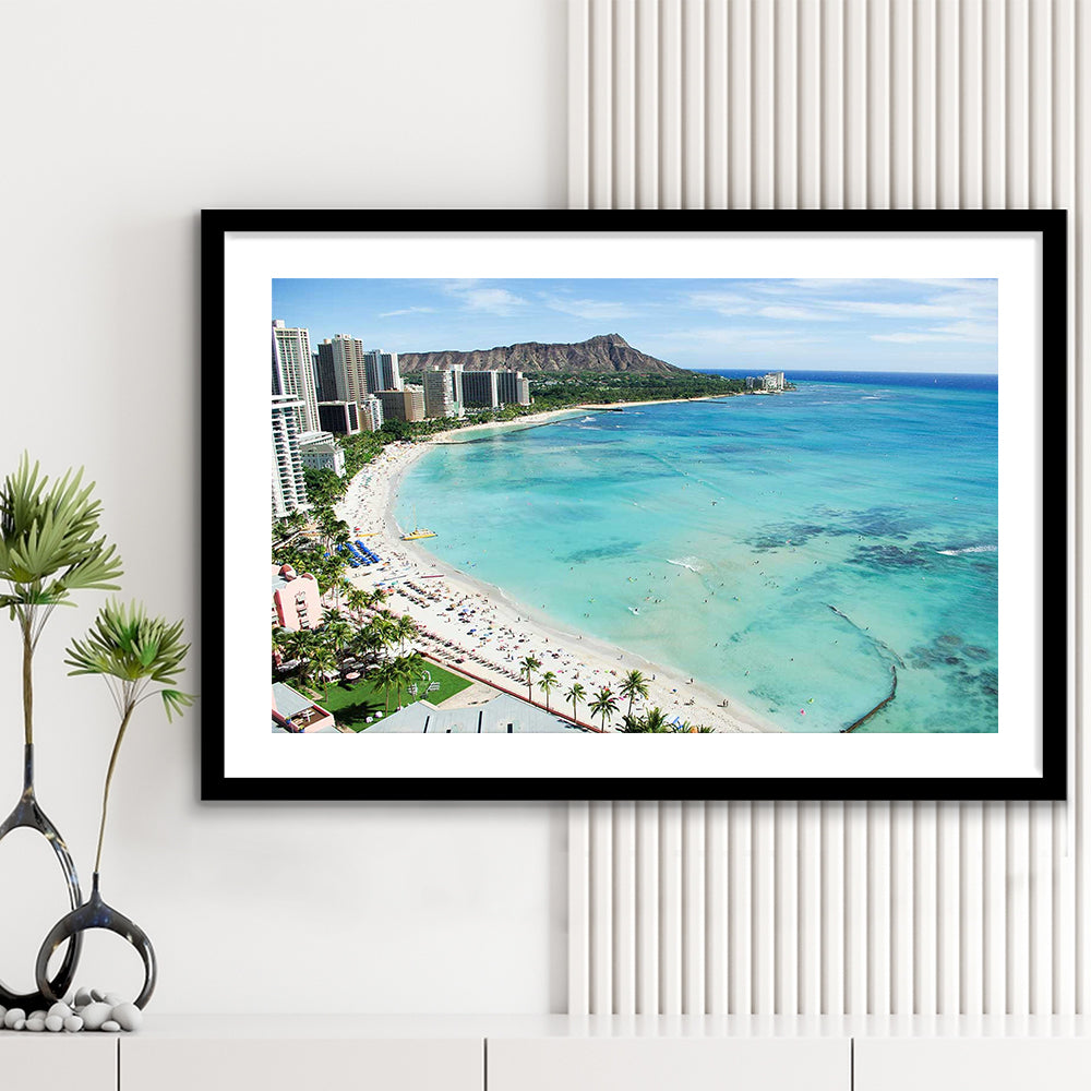 Tropical Paradise Art,Waikiki Beach, Honolulu, Oahu Island, Hawaii, Framed Art Print White Border
