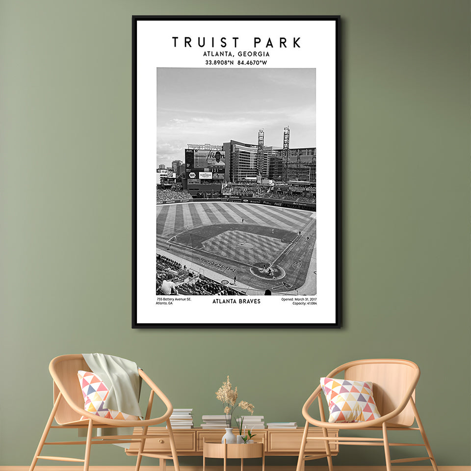 Truist Park Stadium Black And White, Atlanta Braves Baseball Stadium Wall Art Print, Framed Canvas Prints Wall Art