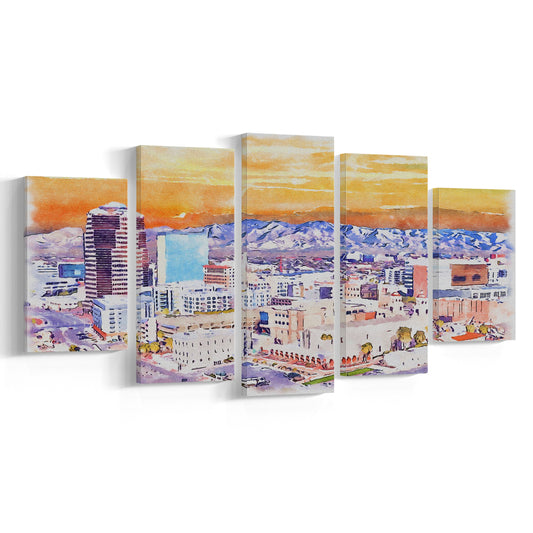 Tucson Painting Watercolor Canvas, Tucson Arizona, Sport Art, Mixed 5 Panel, Canvas Print Wall Art