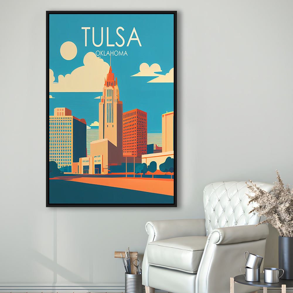 Tulsa Oklahoma Retro Art Print, Tulsa City Wall Art, Floating Framed Canvas Print, Framed Picture, Painting Canvas