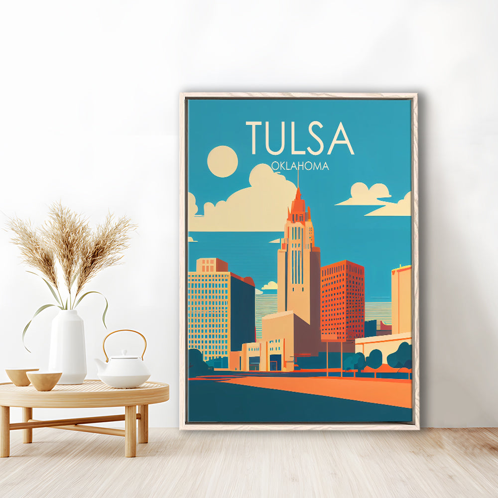 Tulsa Oklahoma Retro Art Print, Tulsa City Wall Art, Floating Framed Canvas Print, Framed Picture, Painting Canvas