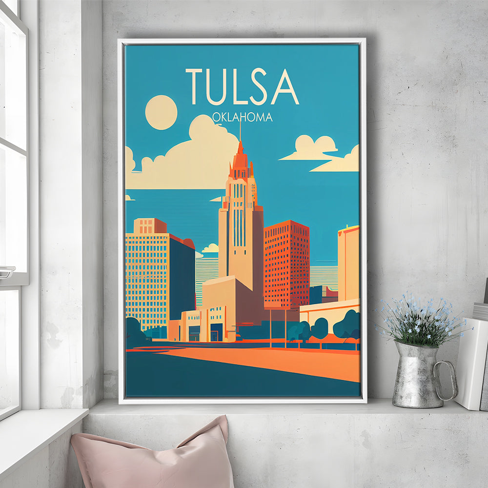 Tulsa Oklahoma Retro Art Print, Tulsa City Wall Art, Floating Framed Canvas Print, Framed Picture, Painting Canvas