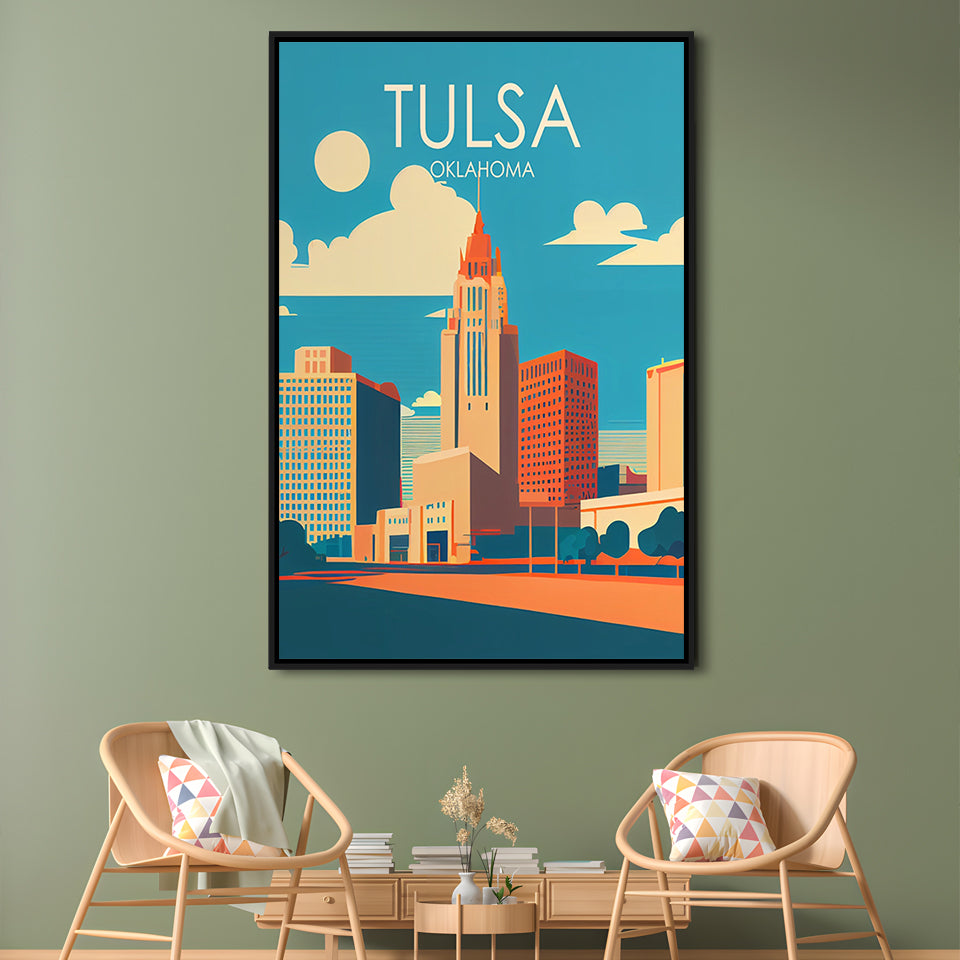 Tulsa Oklahoma Retro Art Print, Tulsa City Wall Art, Floating Framed Canvas Print, Framed Picture, Painting Canvas