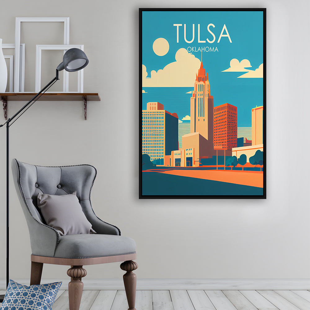 Tulsa Oklahoma Retro Art Print, Tulsa City Wall Art, Floating Framed Canvas Print, Framed Picture, Painting Canvas
