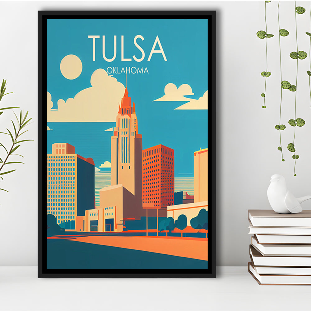 Tulsa Oklahoma Retro Art Print, Tulsa City Wall Art, Floating Framed Canvas Print, Framed Picture, Painting Canvas