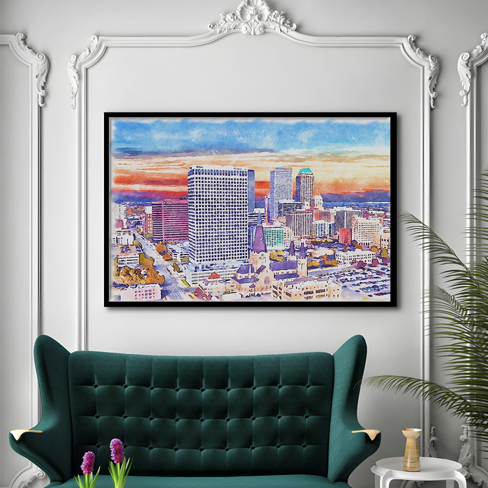 Tulsa Painting Watercolor Canvas, Tulsa Oklahoma, Sport Gift Art, Framed Art Print Wall Decor