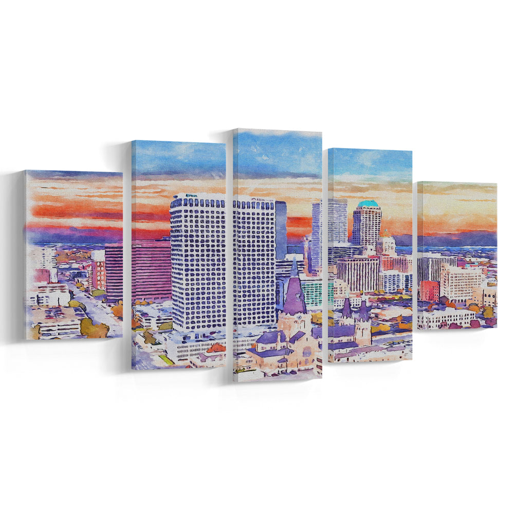 Tulsa Painting Watercolor Canvas, Tulsa Oklahoma, Sport Art, Mixed 5 Panel, Canvas Print Wall Art