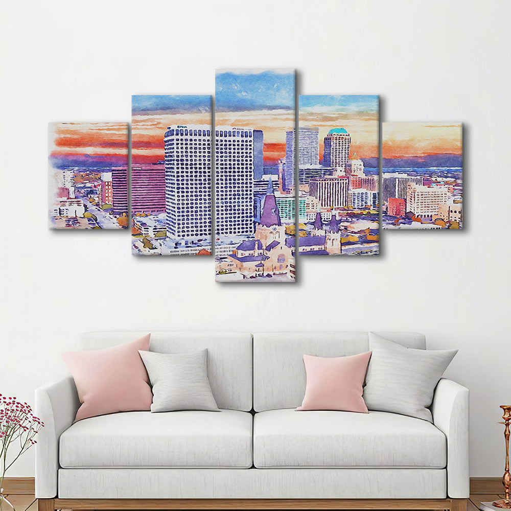 Tulsa Painting Watercolor Canvas, Tulsa Oklahoma, Sport Art, Mixed 5 Panel, Canvas Print Wall Art