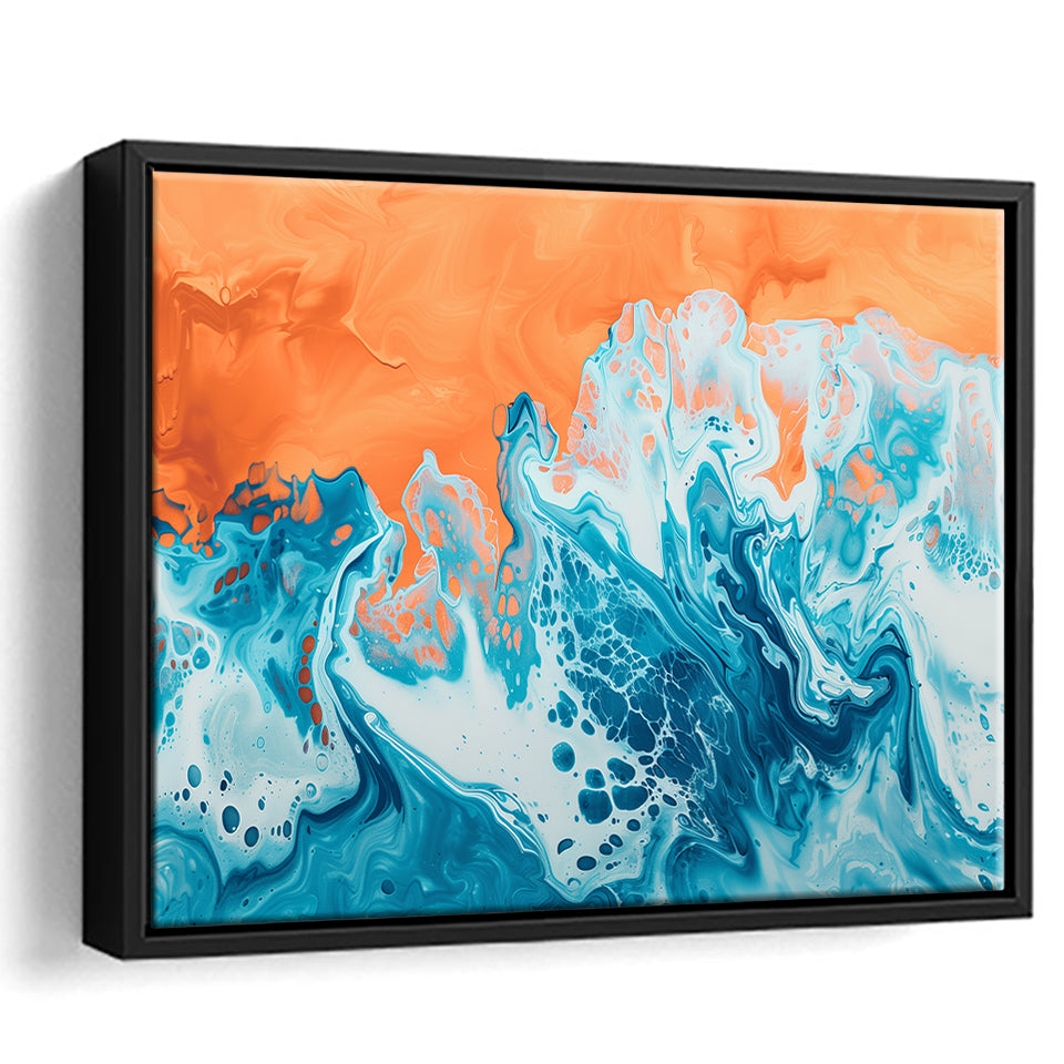 Turquoise Wave Acrylic Painting Mixed Color V1, Framed Canvas Painting, Framed Canvas Prints Wall Art Decor