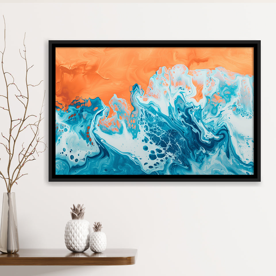Turquoise Wave Acrylic Painting Mixed Color V1, Framed Canvas Painting, Framed Canvas Prints Wall Art Decor