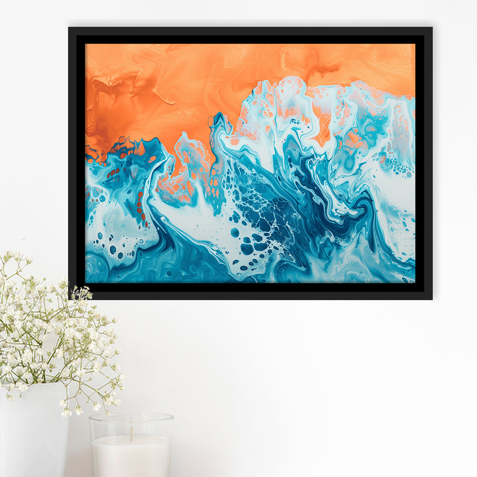 Turquoise Wave Acrylic Painting Mixed Color V1, Framed Canvas Painting, Framed Canvas Prints Wall Art Decor