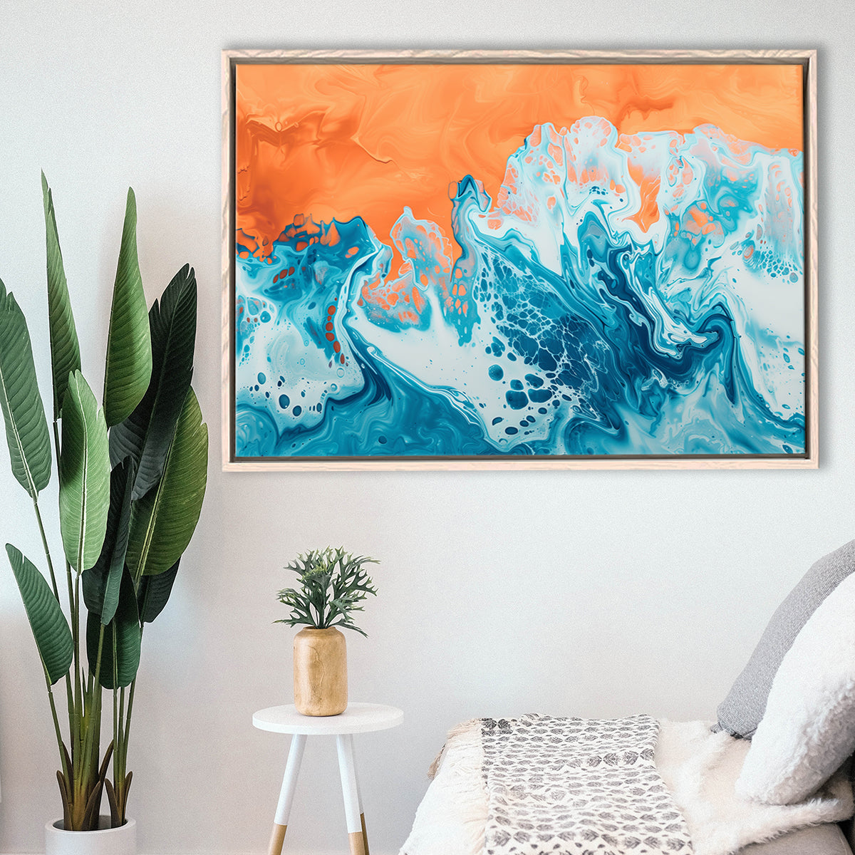 Turquoise Wave Acrylic Painting Mixed Color V1, Framed Canvas Painting, Framed Canvas Prints Wall Art Decor