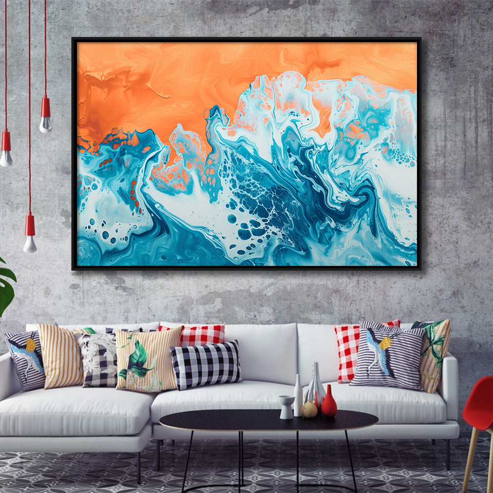 Turquoise Wave Acrylic Painting Mixed Color V1, Framed Canvas Painting, Framed Canvas Prints Wall Art Decor