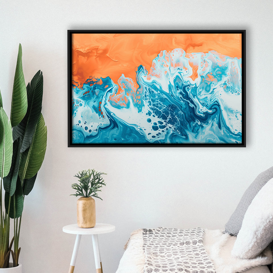Turquoise Wave Acrylic Painting Mixed Color V1, Framed Canvas Painting, Framed Canvas Prints Wall Art Decor