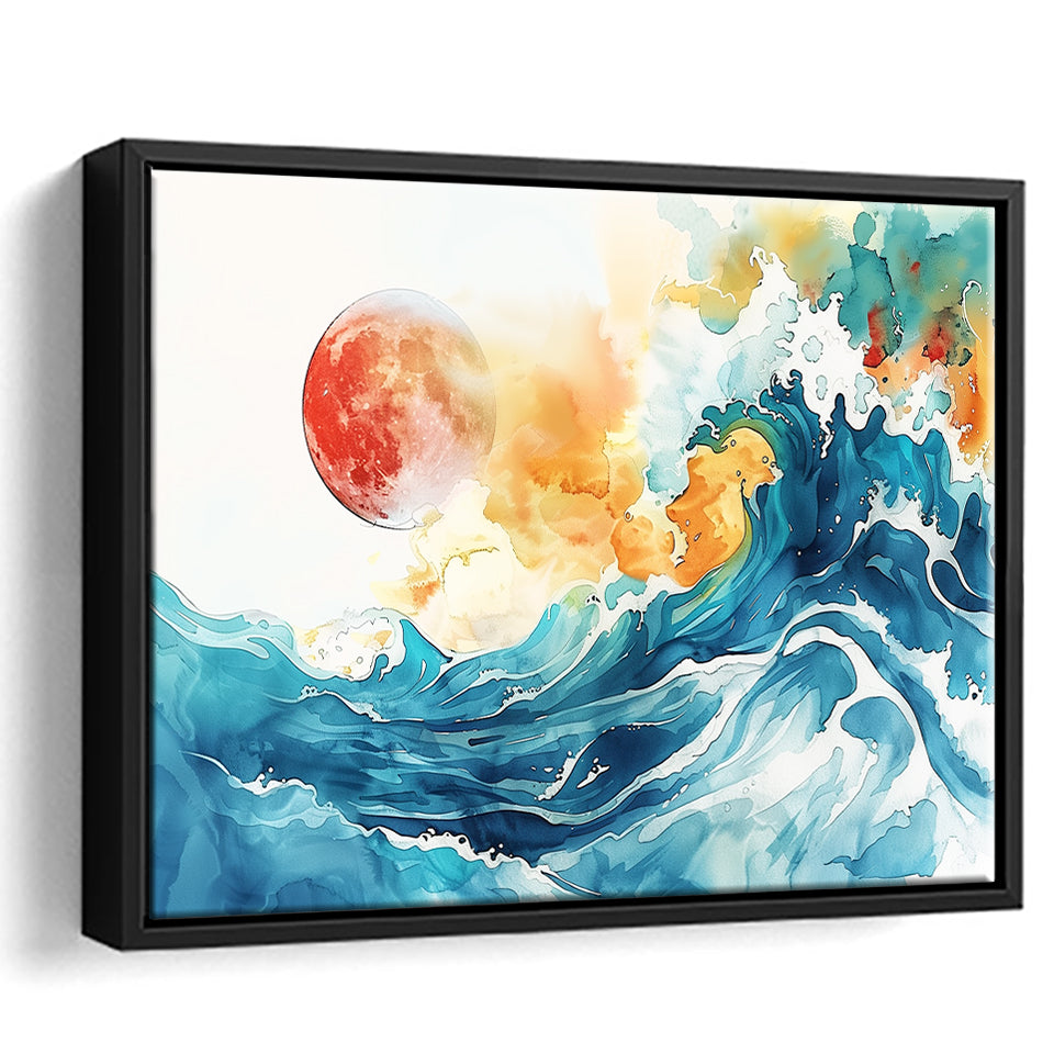 Turquoise Wave And Sun Watercolor Painting V2, Framed Canvas Painting, Framed Canvas Prints Wall Art Decor