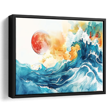 Turquoise Wave And Sun Watercolor Painting V2, Framed Canvas Painting, Framed Canvas Prints Wall Art Decor