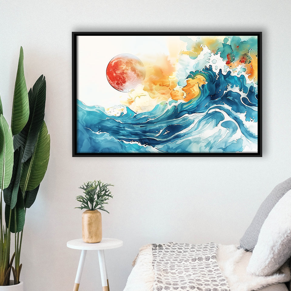 Turquoise Wave And Sun Watercolor Painting V2, Framed Canvas Painting, Framed Canvas Prints Wall Art Decor