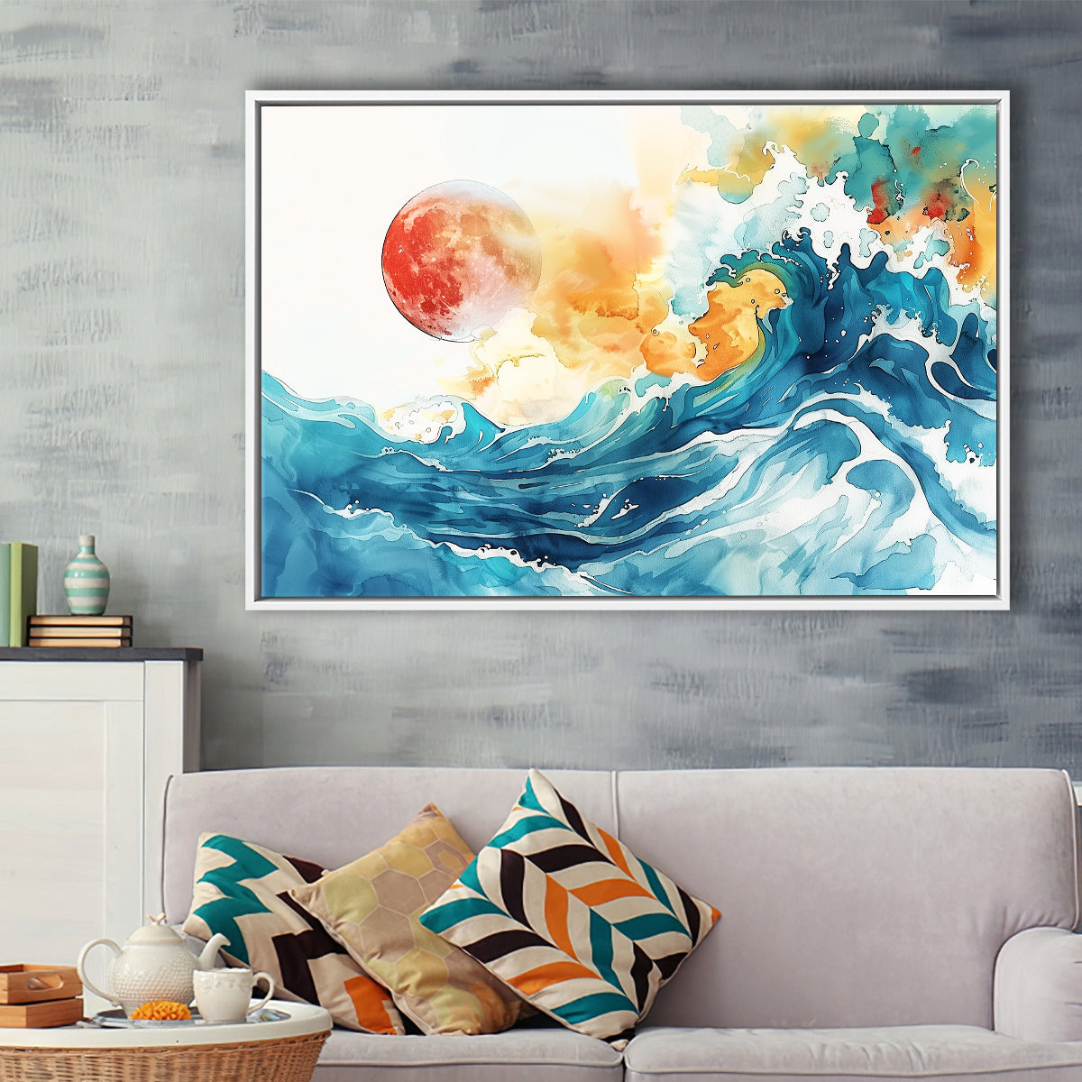 Turquoise Wave And Sun Watercolor Painting V2, Framed Canvas Painting, Framed Canvas Prints Wall Art Decor