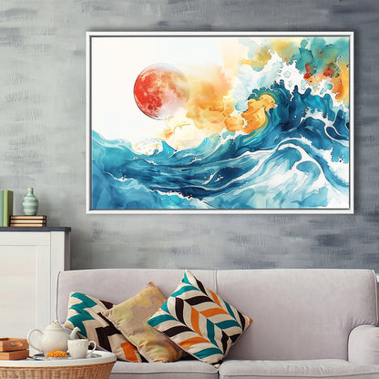 Turquoise Wave And Sun Watercolor Painting V2, Framed Canvas Painting, Framed Canvas Prints Wall Art Decor