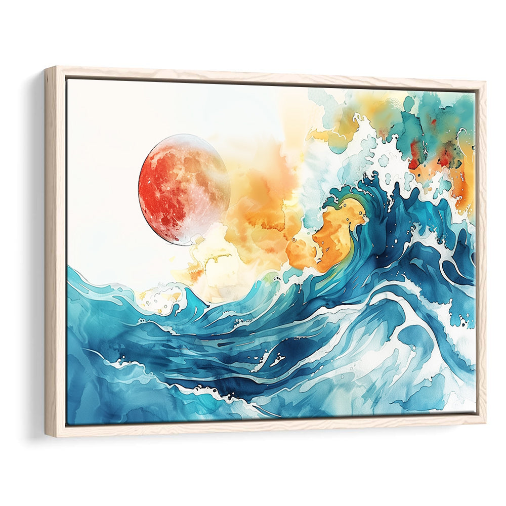 Turquoise Wave And Sun Watercolor Painting V2, Framed Canvas Painting, Framed Canvas Prints Wall Art Decor