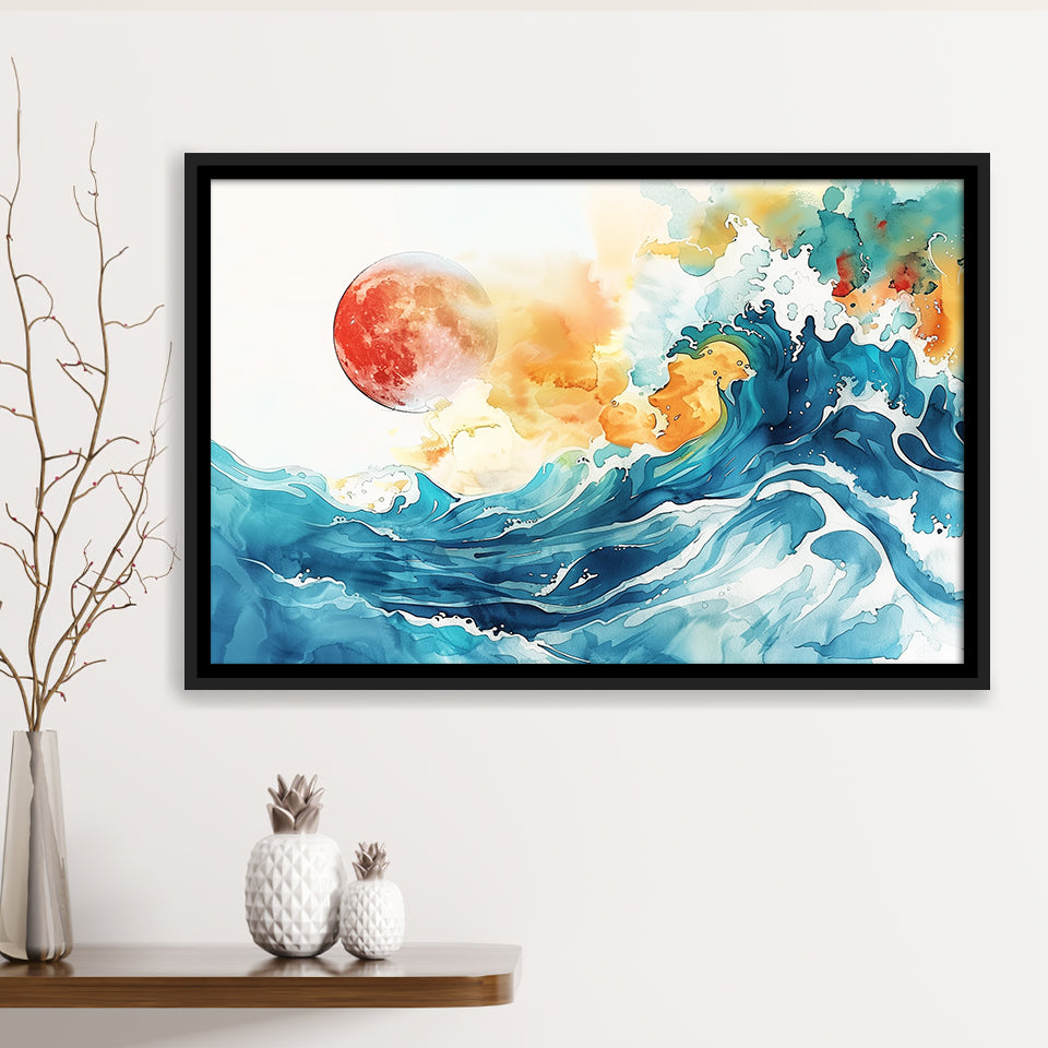 Turquoise Wave And Sun Watercolor Painting V2, Framed Canvas Painting, Framed Canvas Prints Wall Art Decor