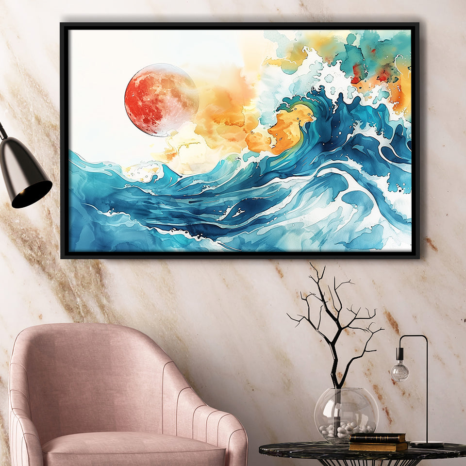Turquoise Wave And Sun Watercolor Painting V2, Framed Canvas Painting, Framed Canvas Prints Wall Art Decor