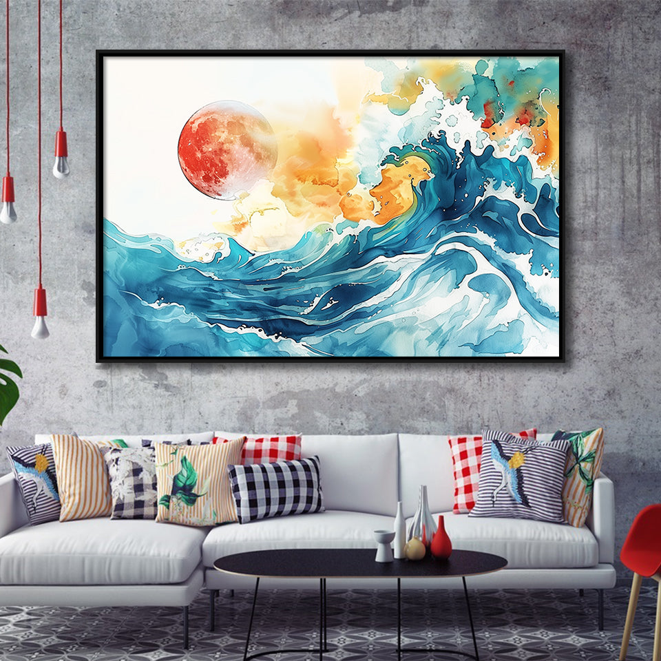 Turquoise Wave And Sun Watercolor Painting V2, Framed Canvas Painting, Framed Canvas Prints Wall Art Decor