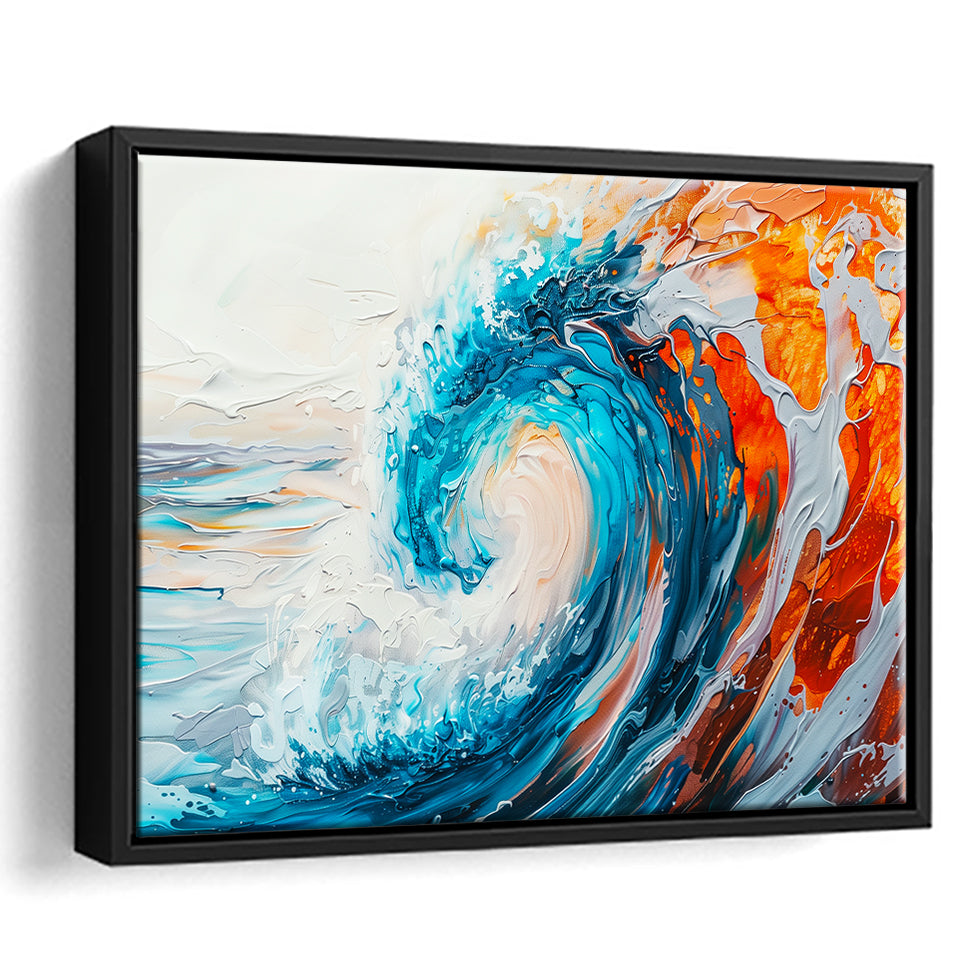 Turquoise Wave Ebossed Oil Painting Mixed Color V2, Framed Canvas Painting, Framed Canvas Prints Wall Art Decor