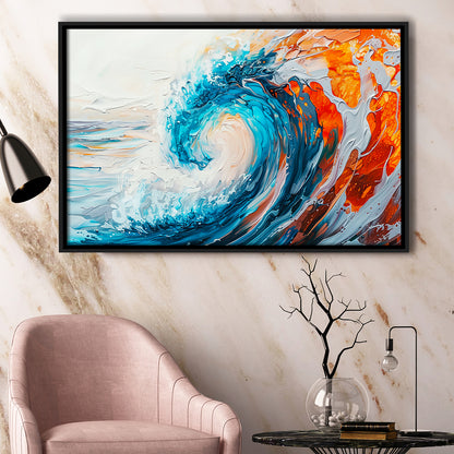 Turquoise Wave Ebossed Oil Painting Mixed Color V2, Framed Canvas Painting, Framed Canvas Prints Wall Art Decor