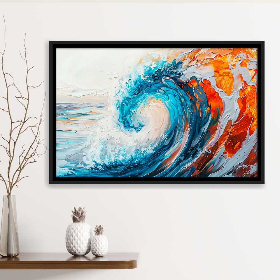 Turquoise Wave Ebossed Oil Painting Mixed Color V2, Framed Canvas Painting, Framed Canvas Prints Wall Art Decor