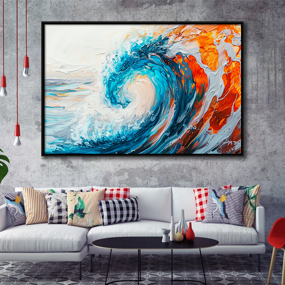 Turquoise Wave Ebossed Oil Painting Mixed Color V2, Framed Canvas Painting, Framed Canvas Prints Wall Art Decor