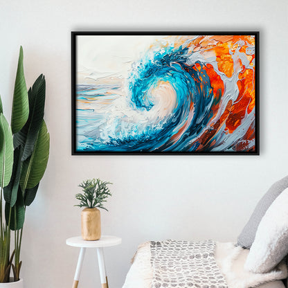 Turquoise Wave Ebossed Oil Painting Mixed Color V2, Framed Canvas Painting, Framed Canvas Prints Wall Art Decor