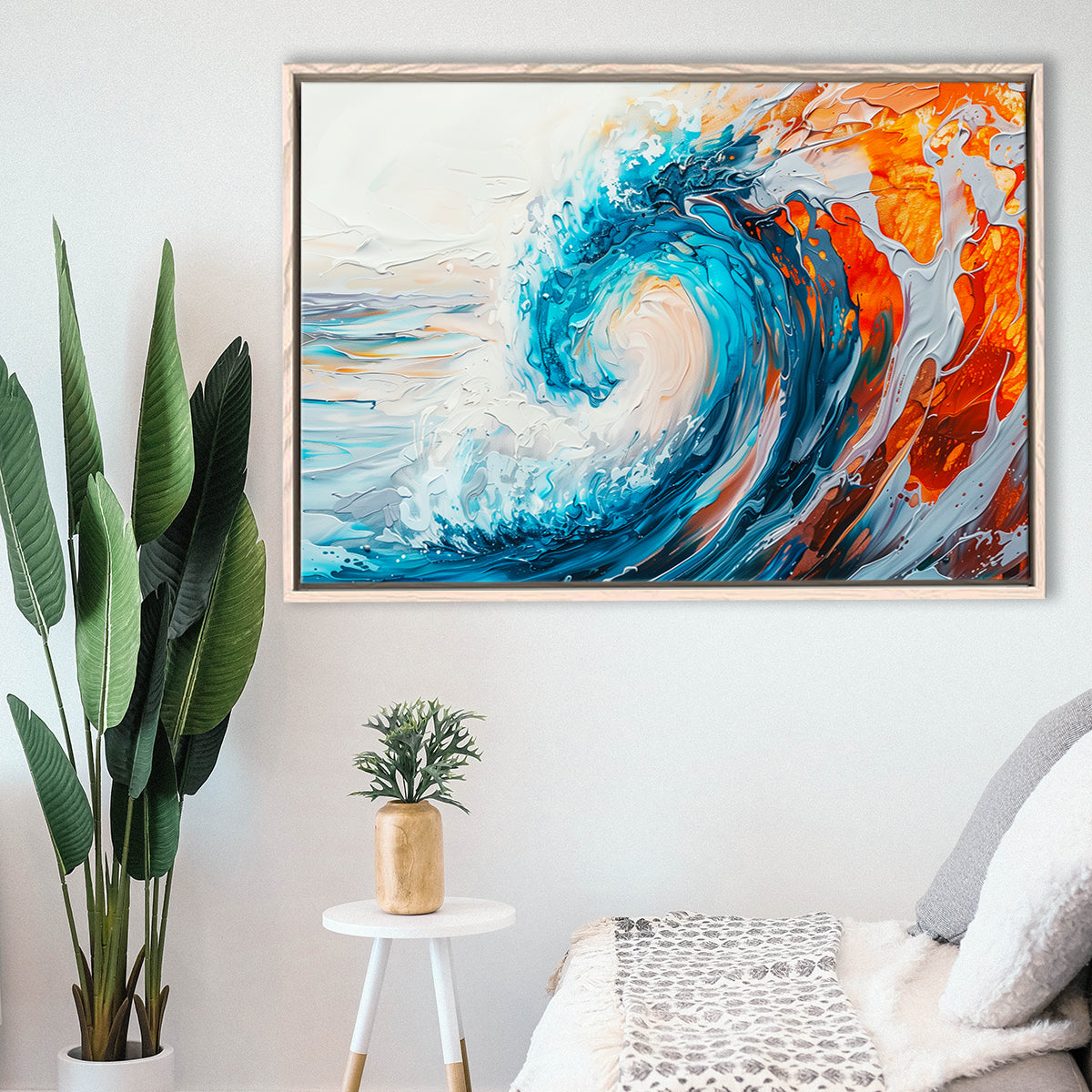 Turquoise Wave Ebossed Oil Painting Mixed Color V2, Framed Canvas Painting, Framed Canvas Prints Wall Art Decor