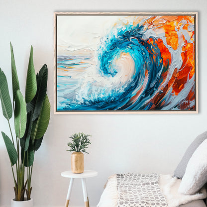 Turquoise Wave Ebossed Oil Painting Mixed Color V2, Framed Canvas Painting, Framed Canvas Prints Wall Art Decor