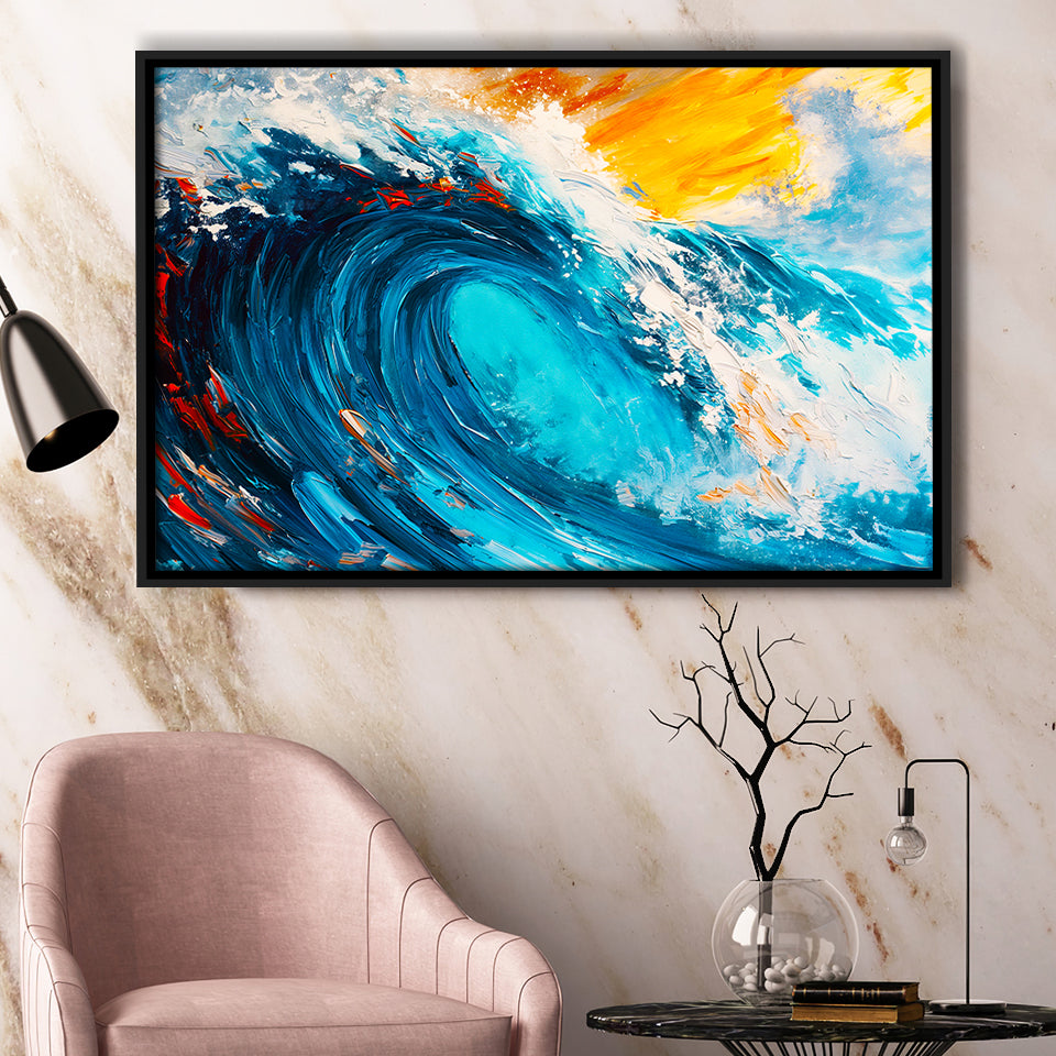 Turquoise Wave Ebossed Oil Painting Mixed Color V3, Framed Canvas Painting, Framed Canvas Prints Wall Art Decor