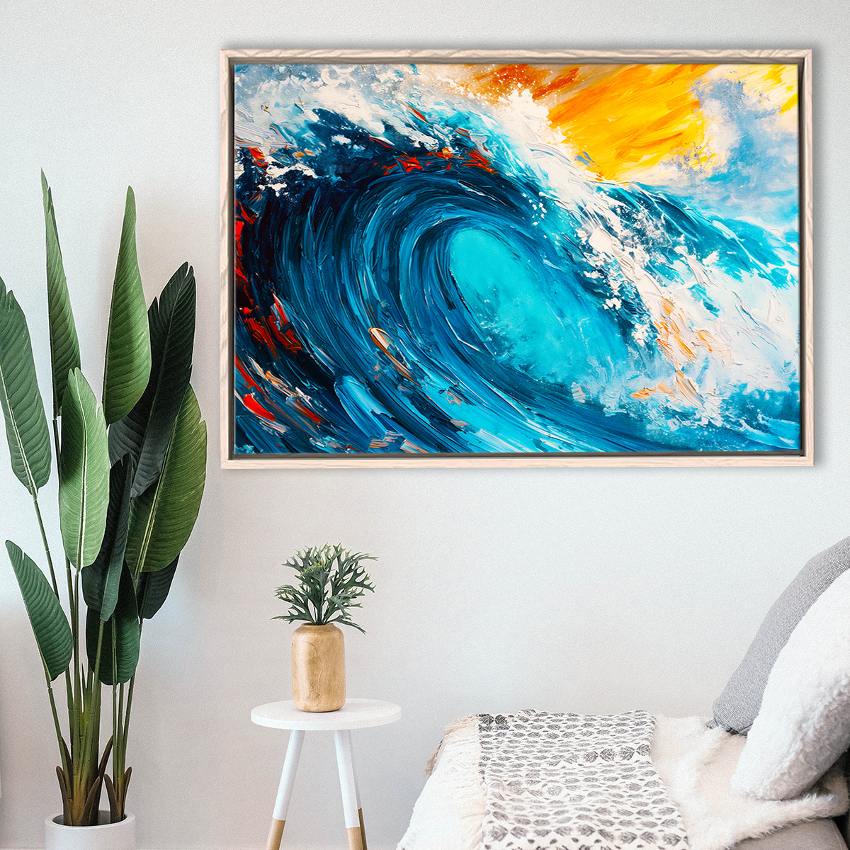 Turquoise Wave Ebossed Oil Painting Mixed Color V3, Framed Canvas Painting, Framed Canvas Prints Wall Art Decor