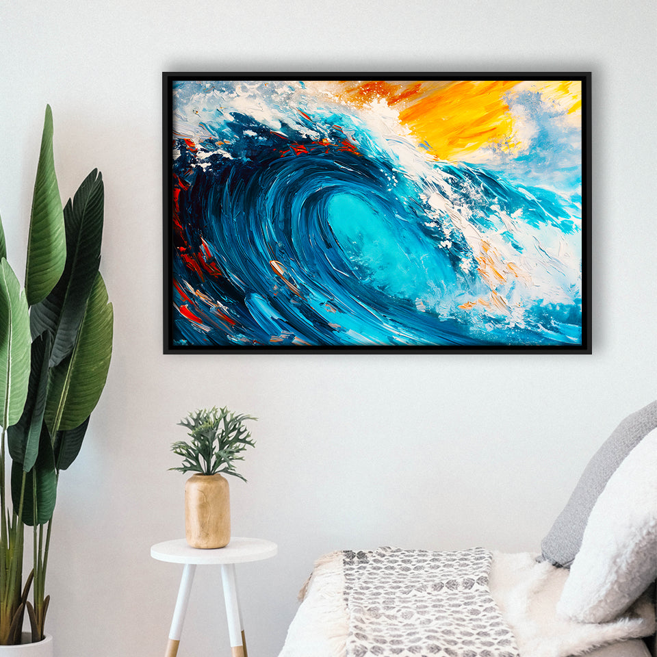 Turquoise Wave Ebossed Oil Painting Mixed Color V3, Framed Canvas Painting, Framed Canvas Prints Wall Art Decor
