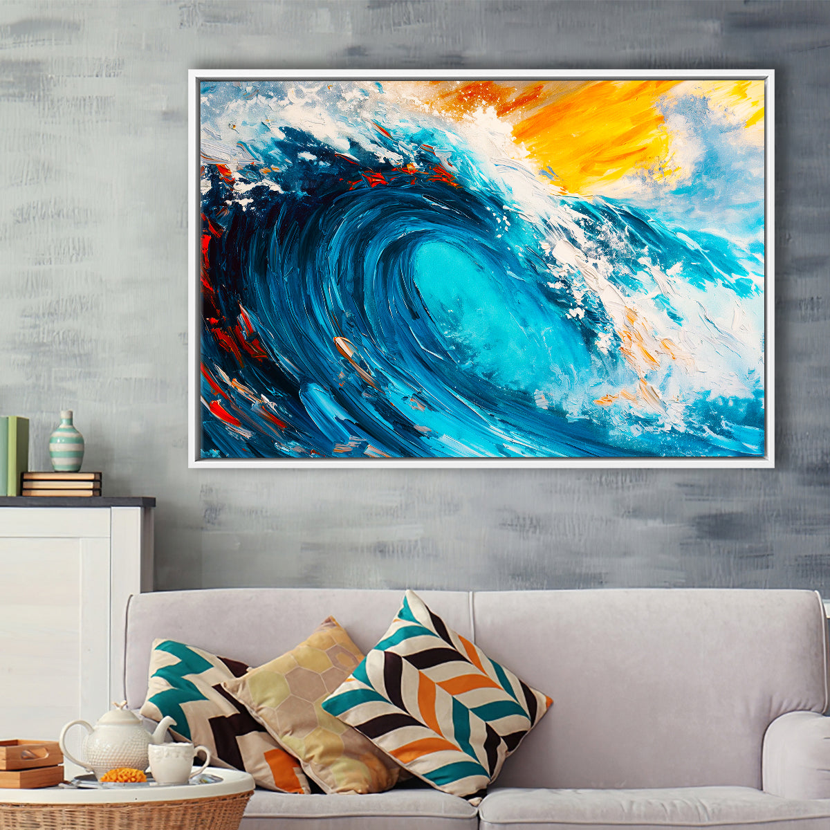 Turquoise Wave Ebossed Oil Painting Mixed Color V3, Framed Canvas Painting, Framed Canvas Prints Wall Art Decor