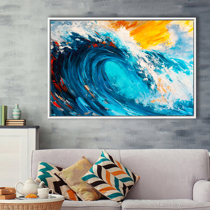 Turquoise Wave Ebossed Oil Painting Mixed Color V3, Framed Canvas Painting, Framed Canvas Prints Wall Art Decor