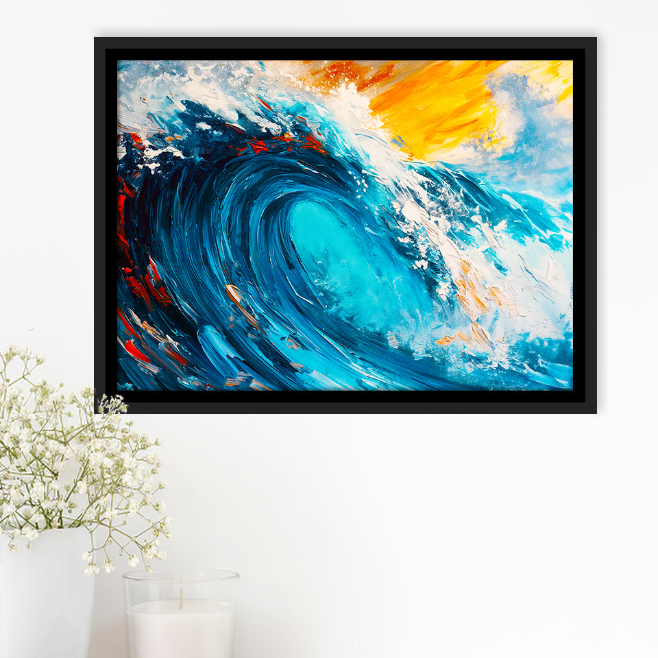 Turquoise Wave Ebossed Oil Painting Mixed Color V3, Framed Canvas Painting, Framed Canvas Prints Wall Art Decor