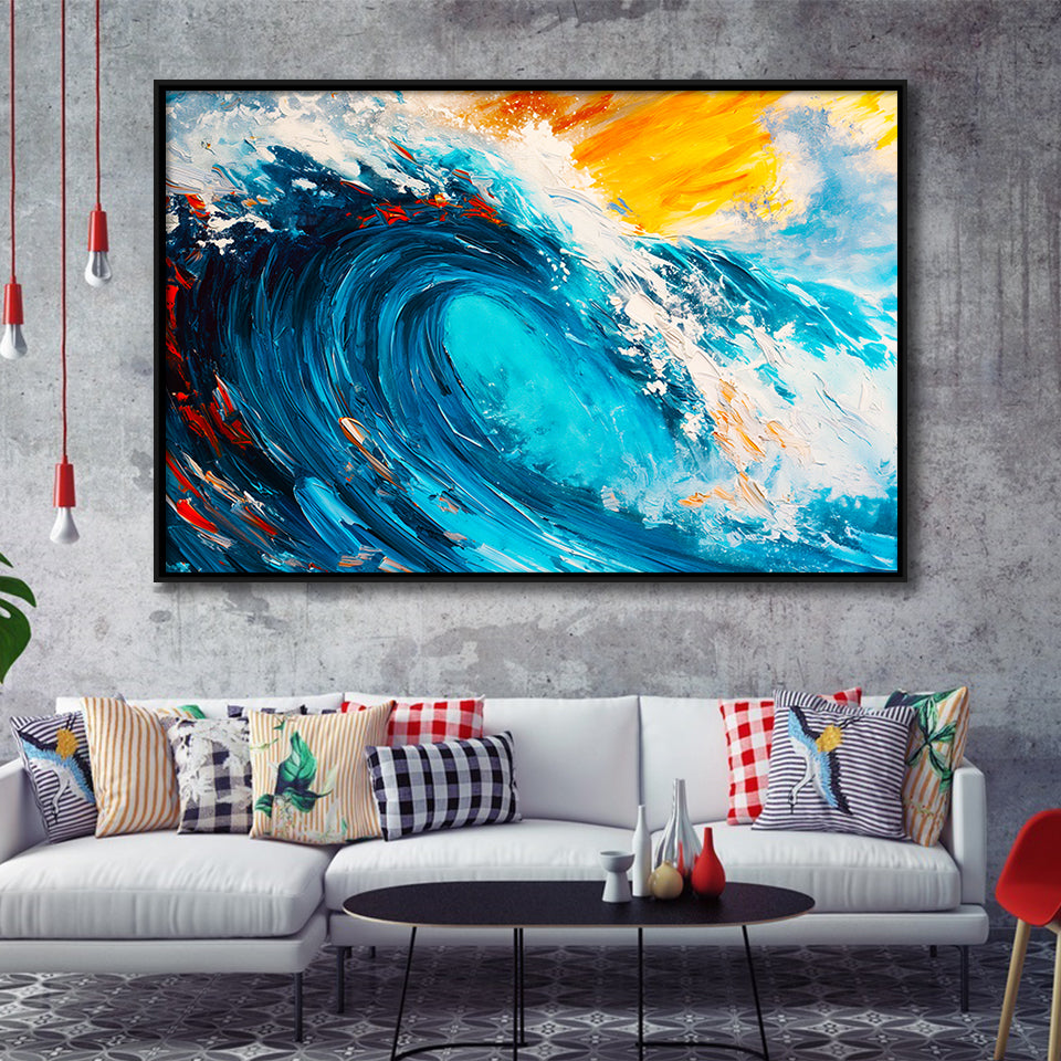 Turquoise Wave Ebossed Oil Painting Mixed Color V3, Framed Canvas Painting, Framed Canvas Prints Wall Art Decor