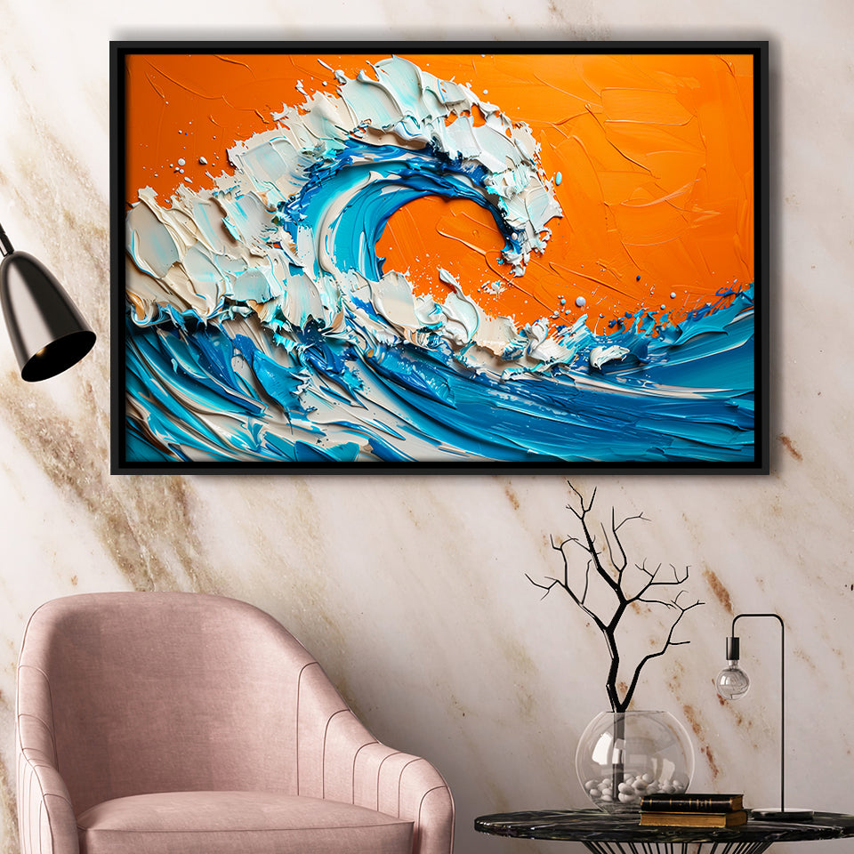 Turquoise Wave Oil Panting V2, Framed Canvas Painting, Framed Canvas Prints Wall Art Decor