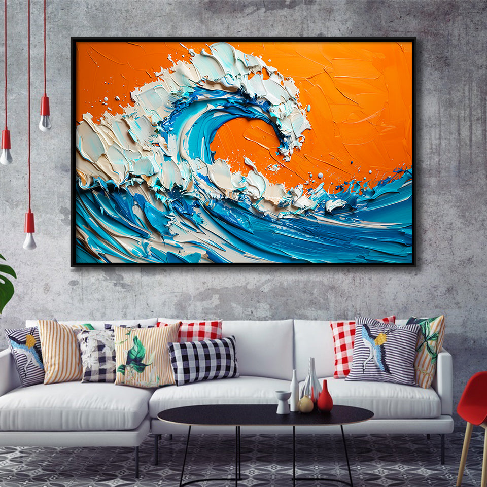 Turquoise Wave Oil Panting V2, Framed Canvas Painting, Framed Canvas Prints Wall Art Decor